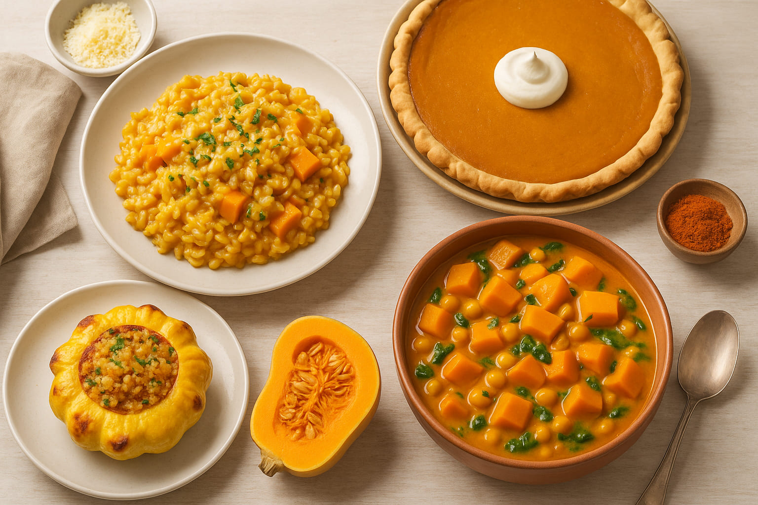 Verschiedene Kürbisgerichte aus internationalen Küchen, darunter Risotto, Pumpkin Pie und Curry