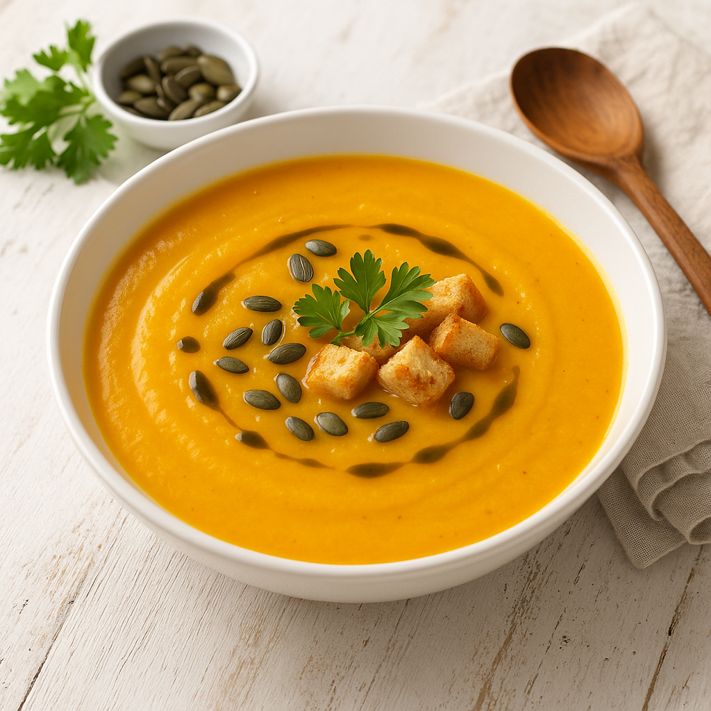 Cremige Kürbissuppe mit goldgelber Farbe und frischen Kräutern dekoriert