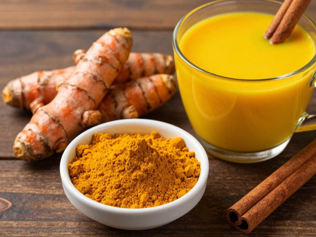 Frische Kurkumawurzel und Kurkumapulver mit einem Glas goldener Milch auf einem Holztisch