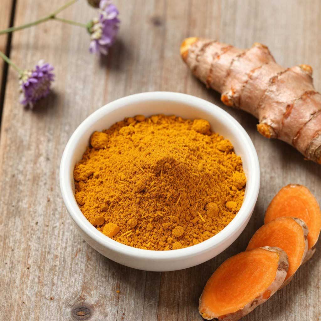 Kurkuma Pulver und frische Kurkuma Wurzel für die Ayurveda Gewürze Grundausstattung