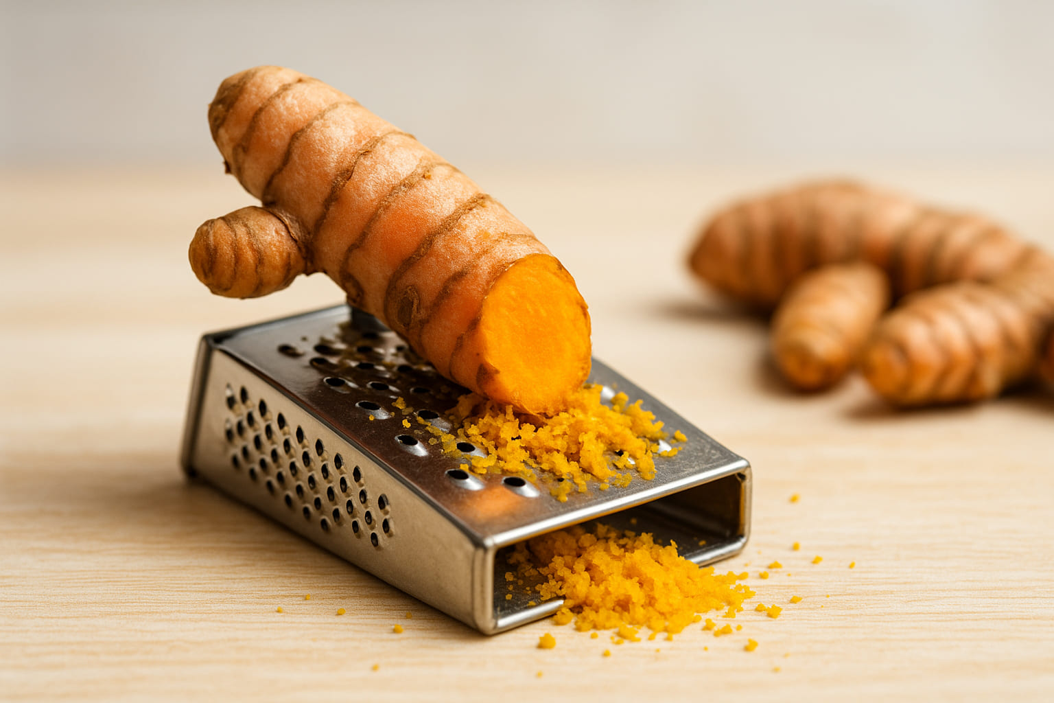 kurkuma-reiben Kurkuma wird frisch mit einer Reibe verarbeitet
