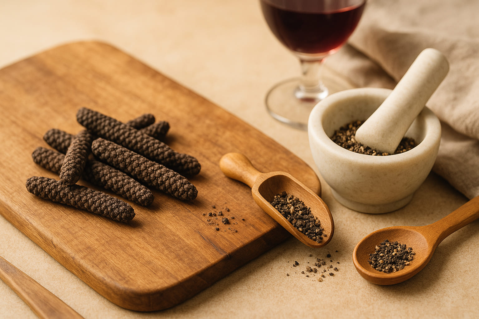 langer-pfeffer-genuss Langer Pfeffer auf einem Holzbrett mit Mörser