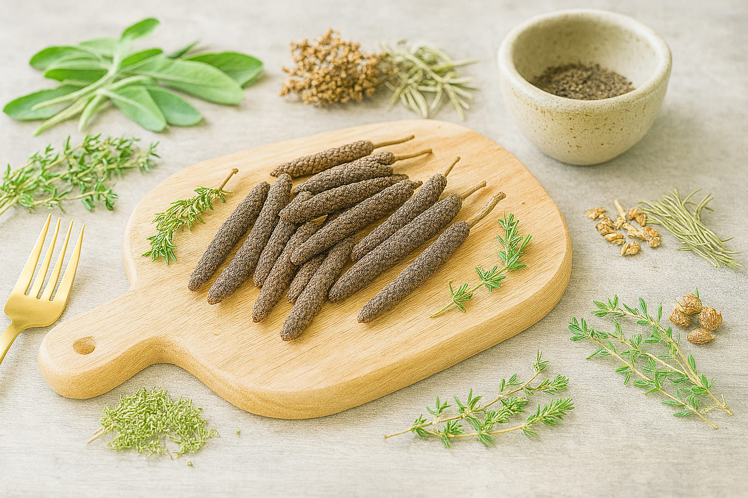 langer-pfeffer-gourmet Langer Pfeffer angerichtet auf einem Holzbrett mit Kräutern, Mörser und goldener Gabel