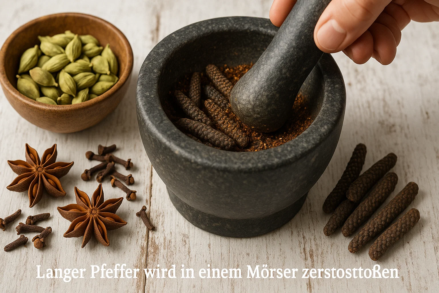 Langer Pfeffer wird in einem Steinmörser zerstoßen, daneben Gewürze