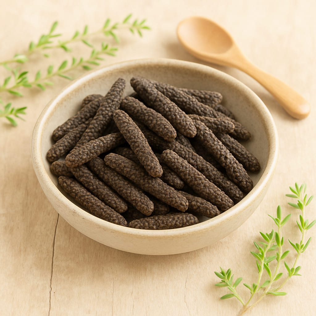 langer-pfeffer-schale Langer Pfeffer in einer Schale auf rustikalem Holz