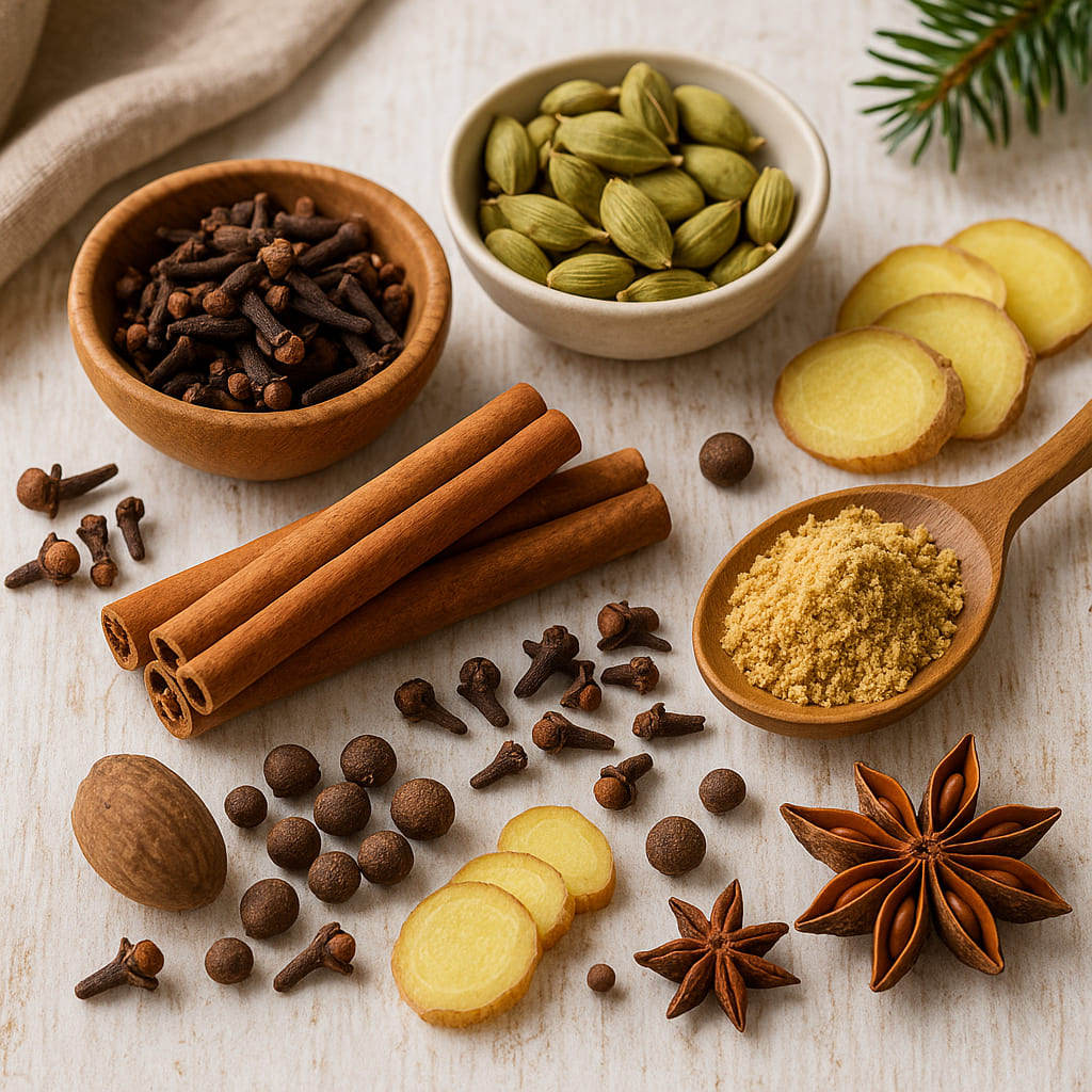 Verschiedene klassische Lebkuchengewürze wie Zimtstangen, Nelken, Kardamom und Sternanis in einer stimmungsvollen winterlichen Anordnung auf hellem Holz.