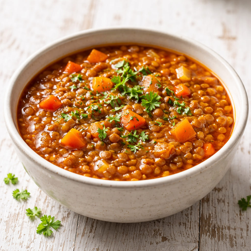 Schüssel mit Linsensuppe auf hellem Holztisch