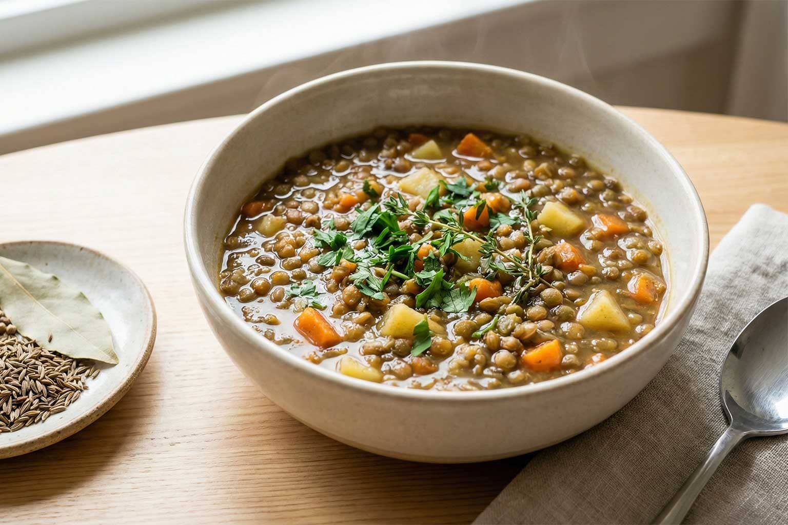 Fertige Linsensuppe mit frischen Kräutern garniert