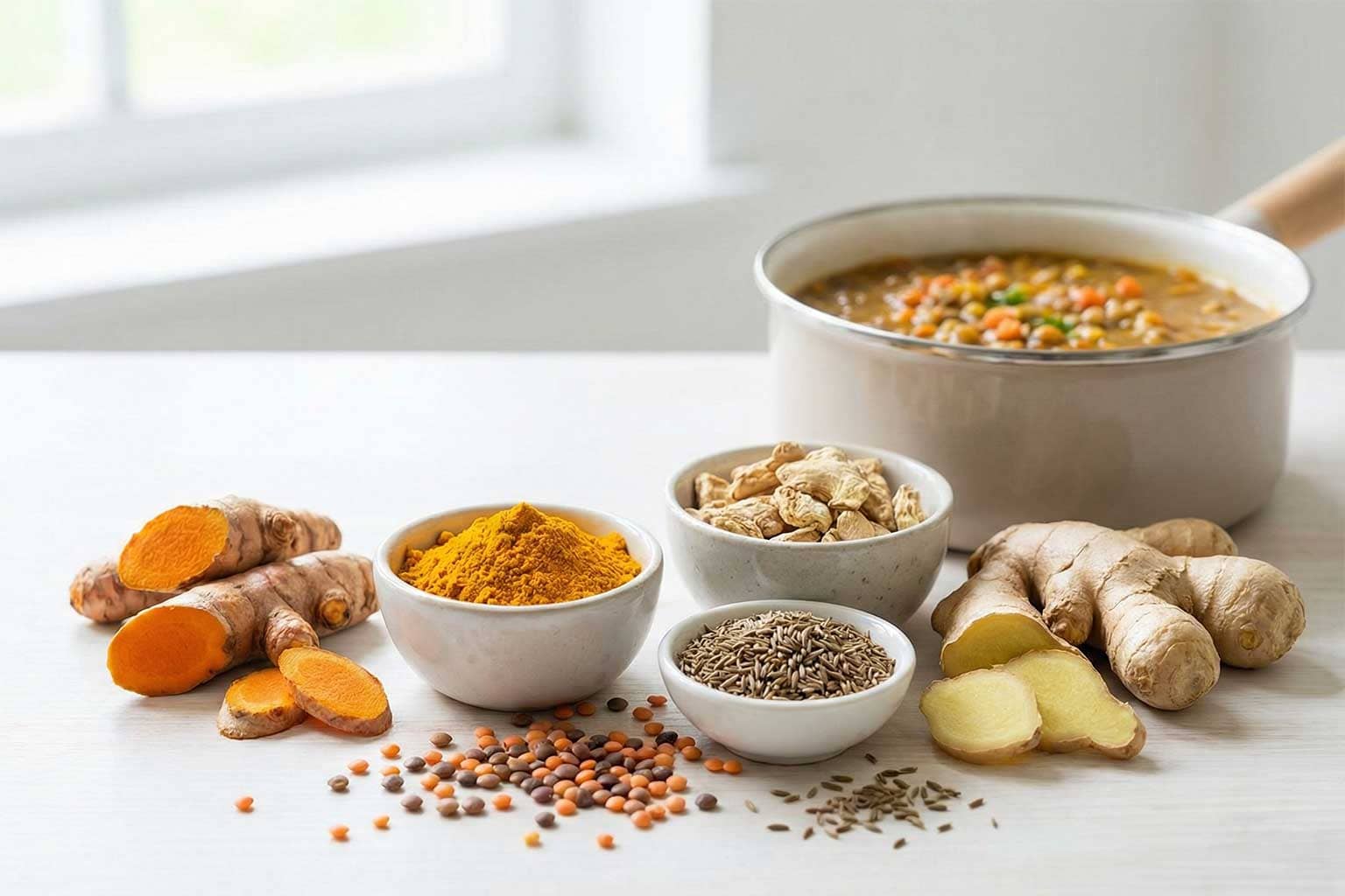 Gesunde Gewürze für Linsensuppe mit Kurkuma, Ingwer und Kreuzkümmel