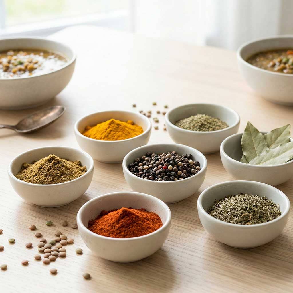 Gewürzmischung für Linsensuppe mit verschiedenen Gewürzen in kleinen Schälchen