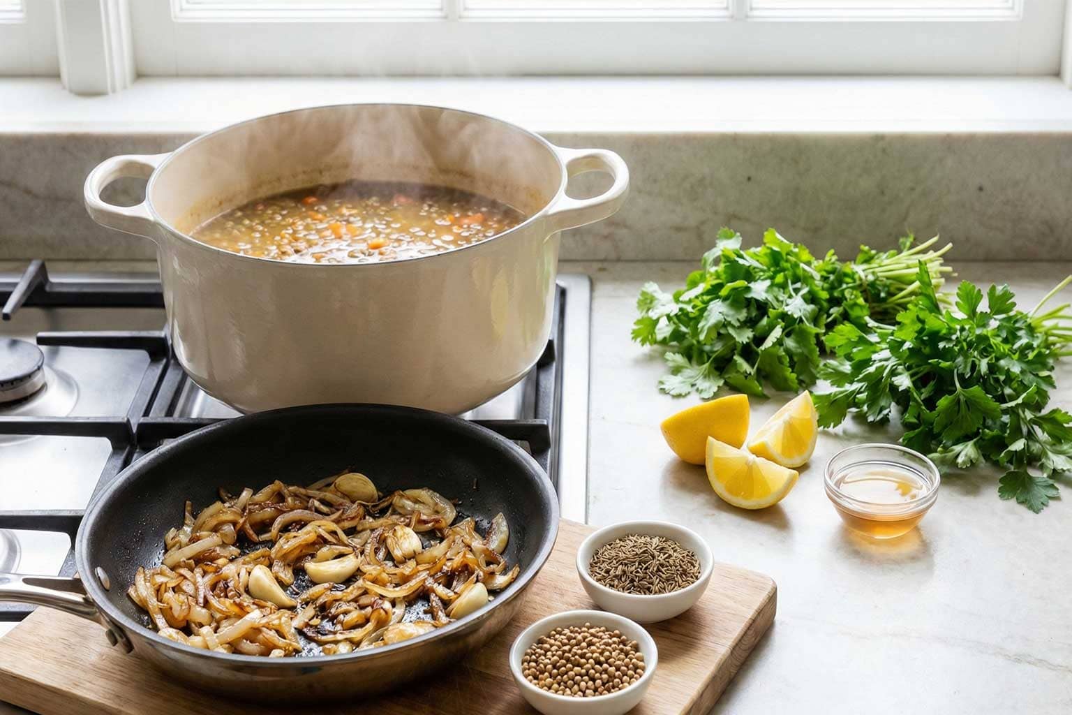 Verschiedene Phasen beim Kochen einer Linsensuppe mit passenden Gewürzen