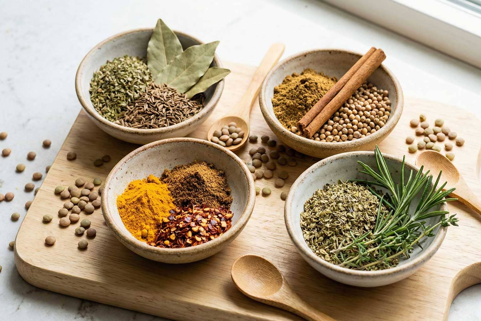 Gewürzkombinationen für Linsensuppe in kleinen Schälchen angerichtet