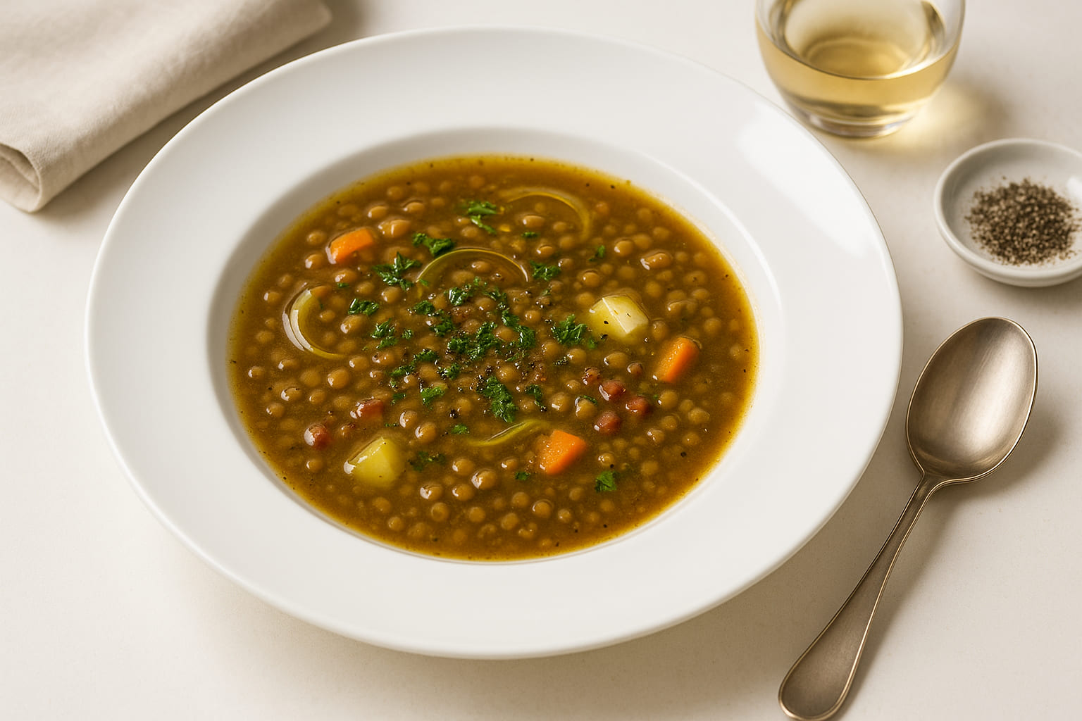 Gourmet Linsensuppe mit besonderen Gewürzen und feinem Anrichten