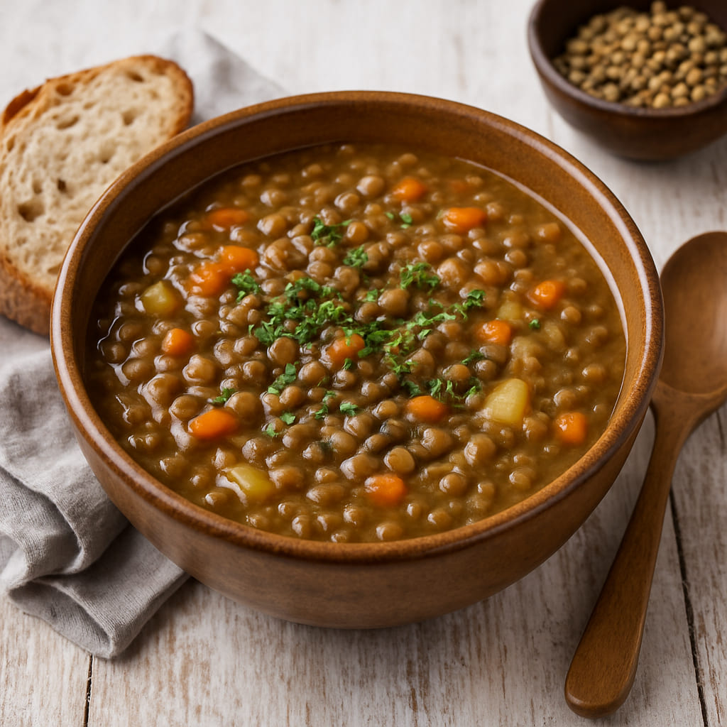 Herzhafte Linsensuppe in einer rustikalen Schale angerichtet