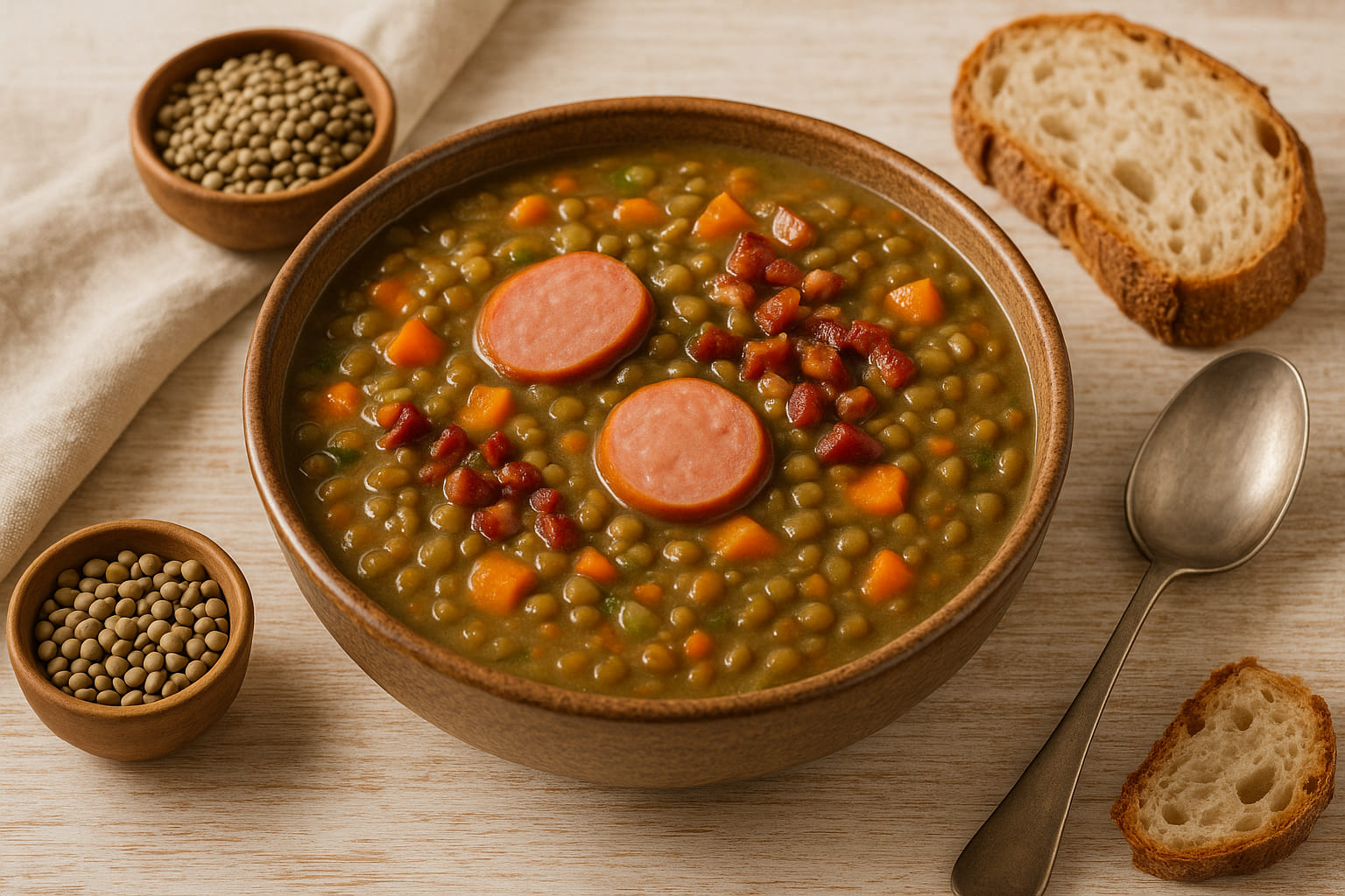 Traditionelle Linsensuppe mit Würstchen und Speck