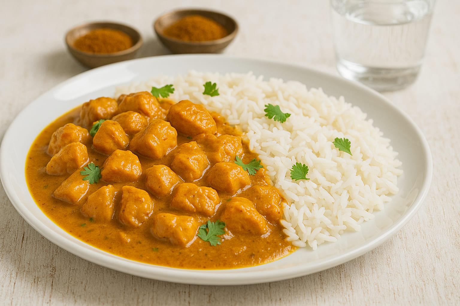 Madras Chicken Curry angerichtet mit Reis
