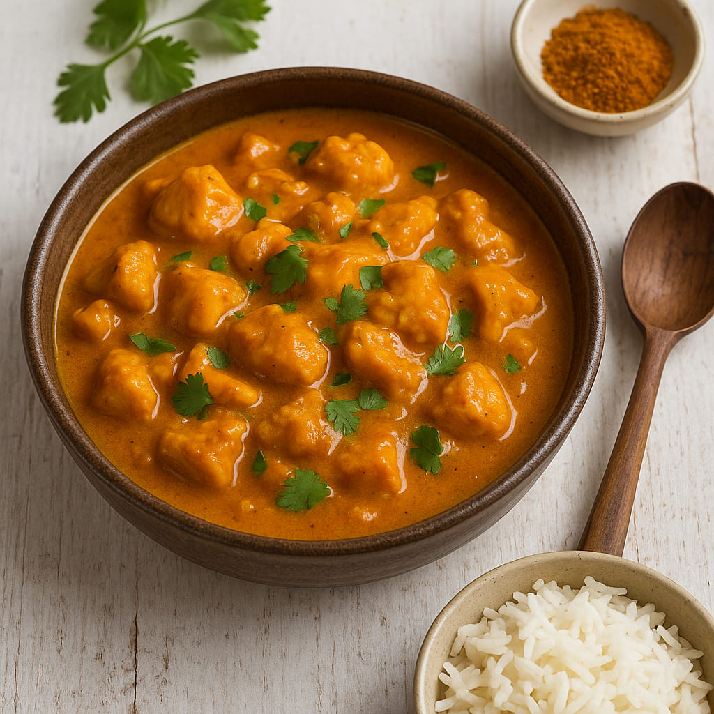 Madras Chicken Curry in Keramikschale auf Holztisch