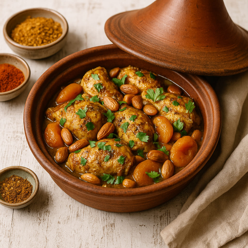 Marokkanische Hähnchen-Tajine mit Ras el Hanout in traditioneller Tajine serviert