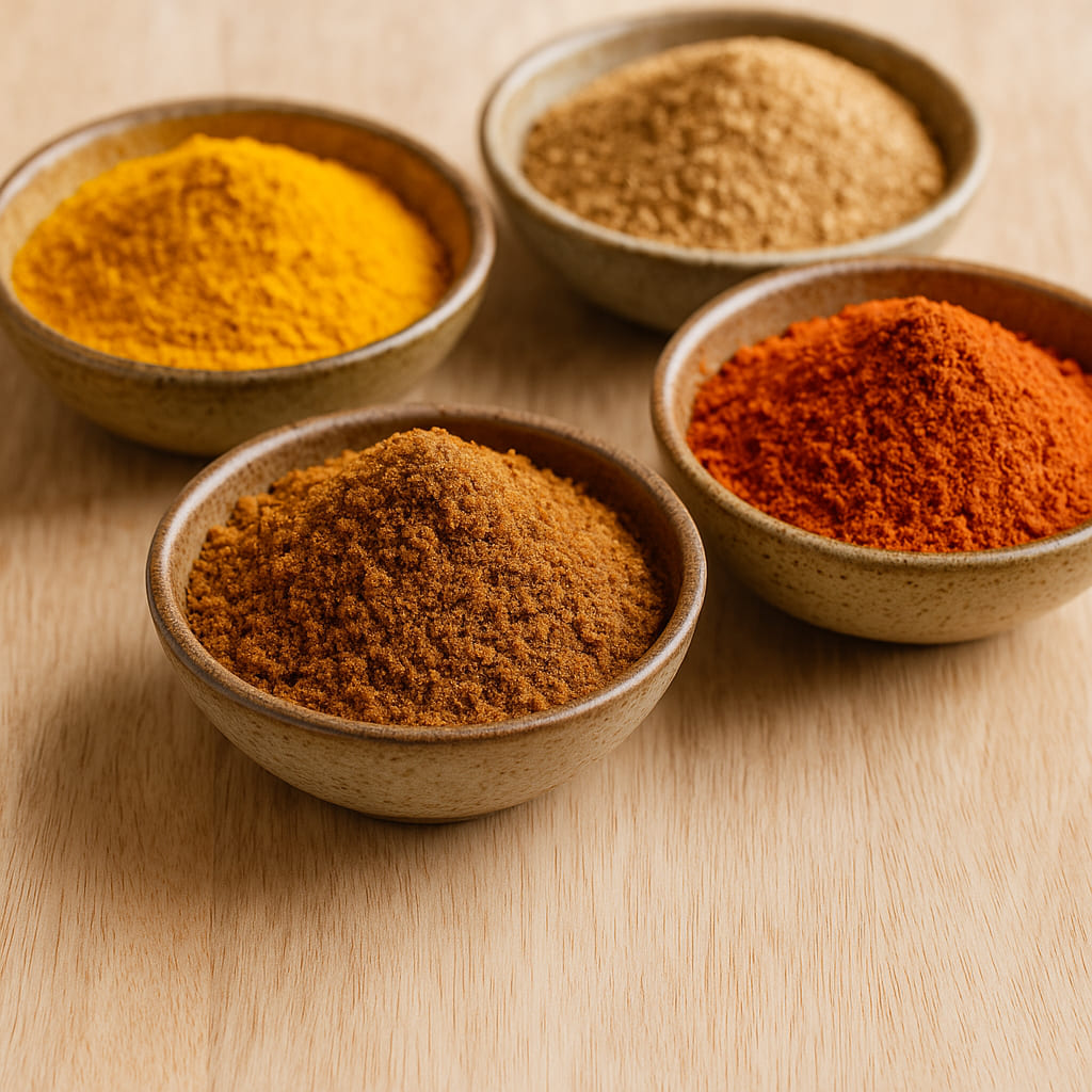 masala-gewuerze Bunte Masala Gewürzmischung in kleinen Schalen, auf Holzuntergrund arrangiert
