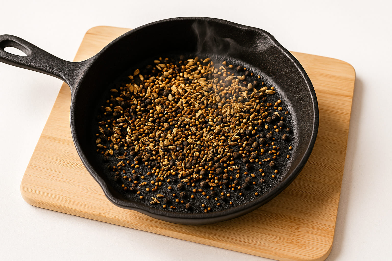 masala-roesten Frisch geröstete Gewürze für Masala in einer Pfanne