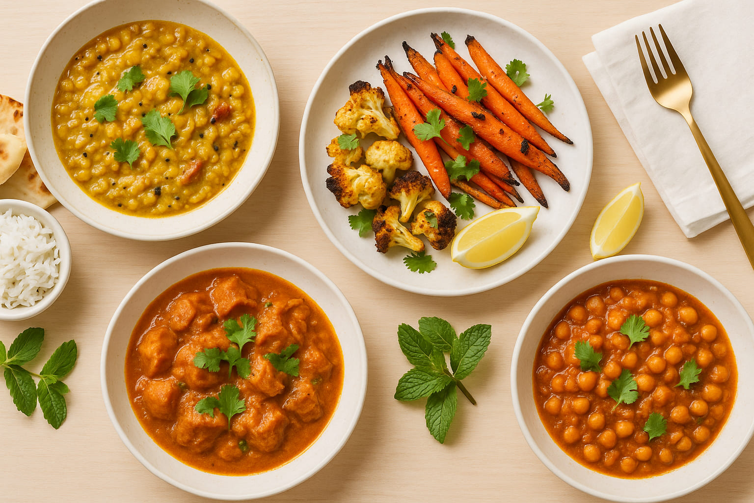 masala-trend Moderne indisch inspirierte Gerichte mit Masala serviert auf hellen Tellern