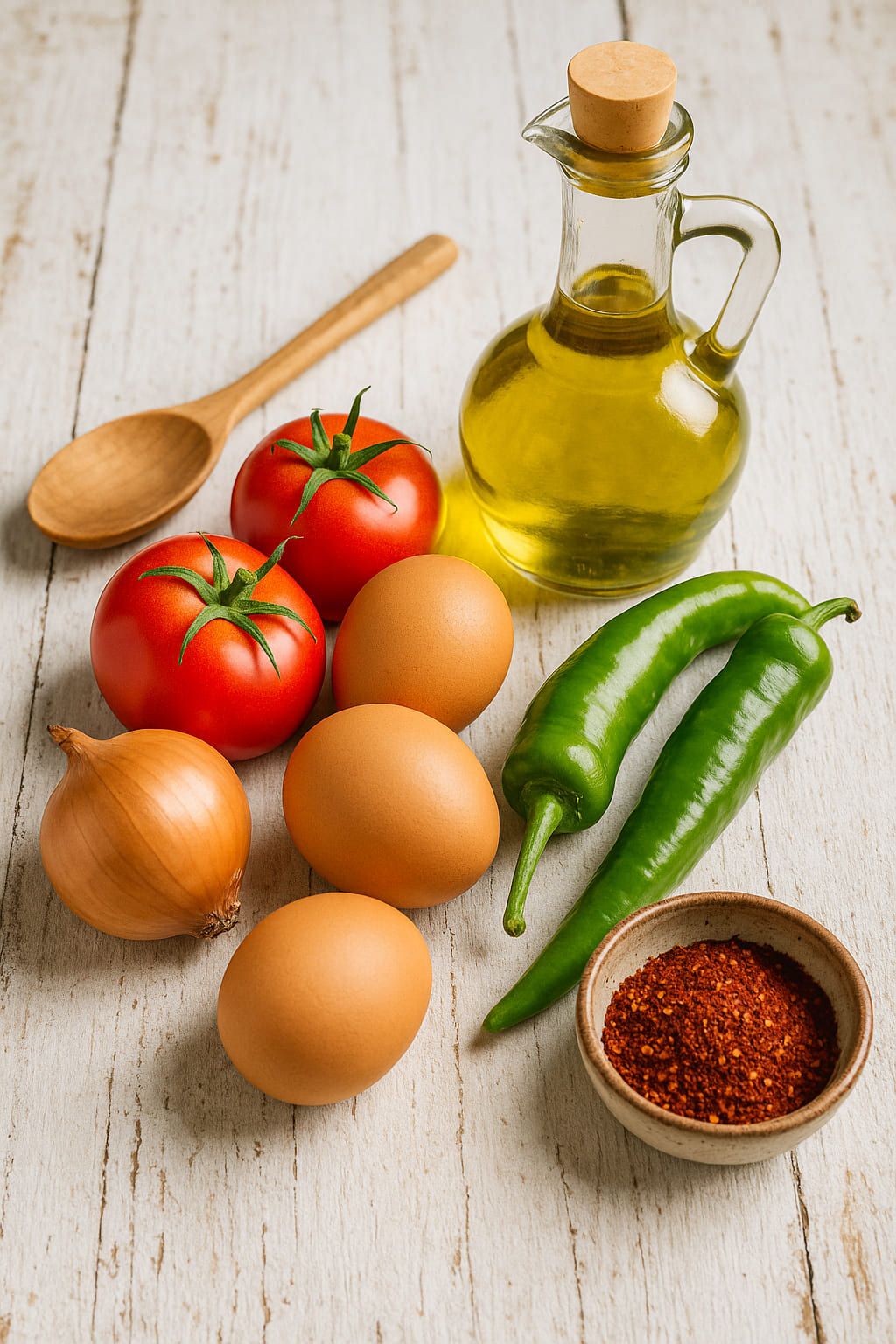 Zutaten für Menemen Zutaten für Menemen: Tomaten, Paprika, Eier, Zwiebeln