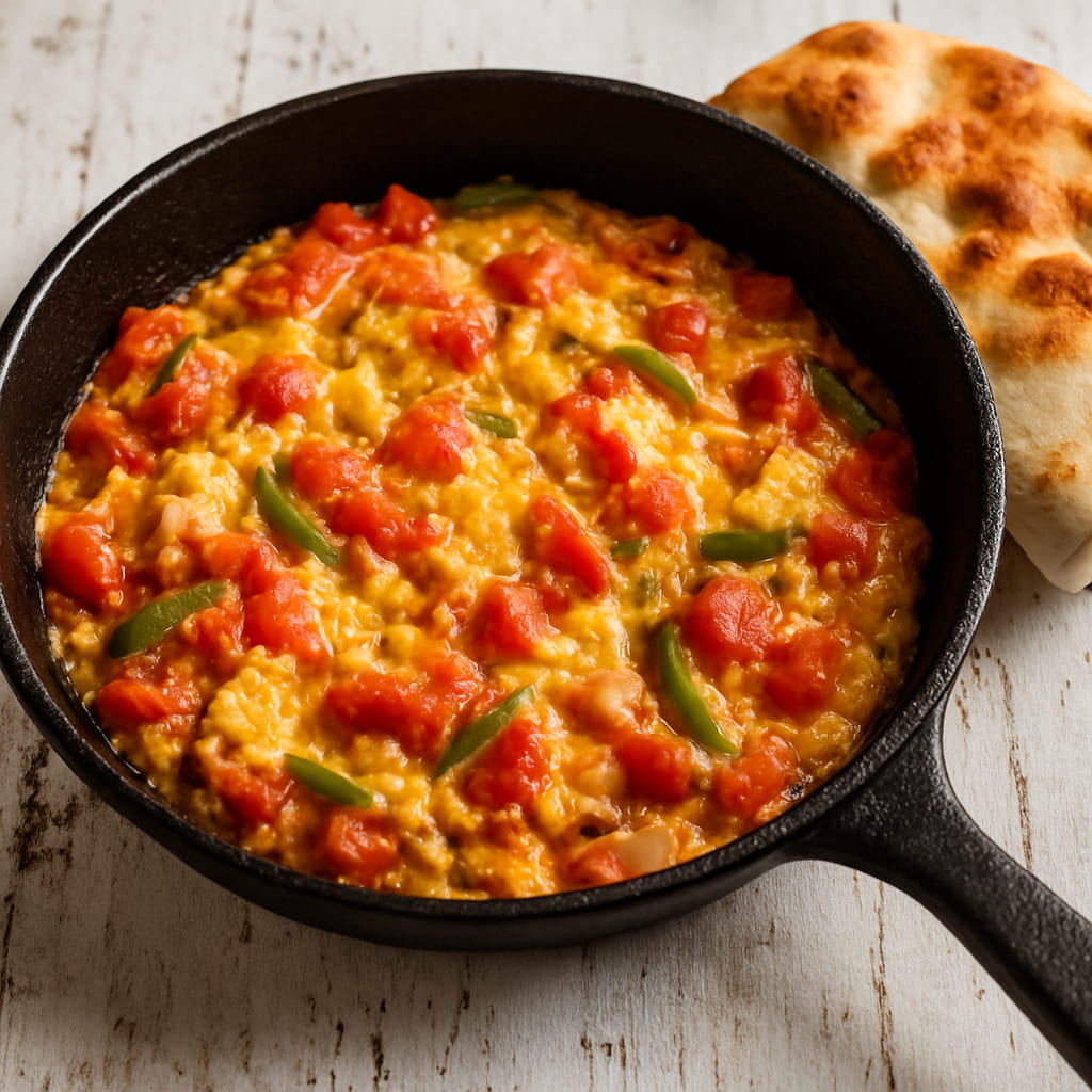 Menemen in einer Pfanne mit Ei, Tomaten und Paprika