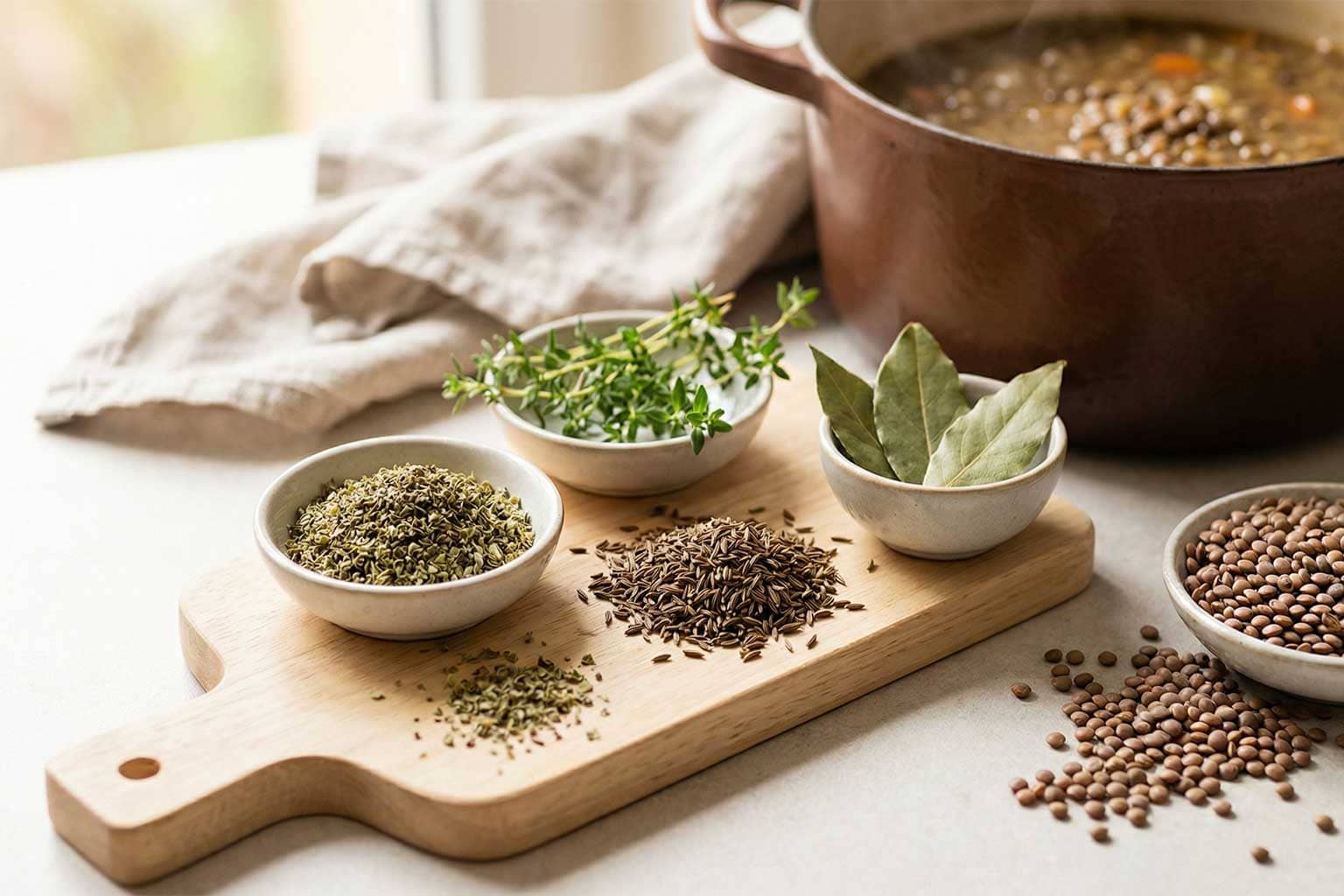 Gewürze für österreichische Linsensuppe mit Majoran und Kümmel