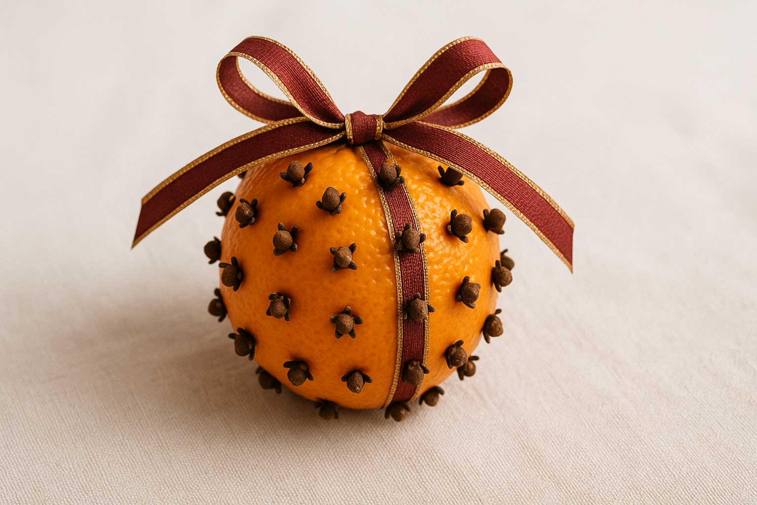 Selbstgemachter Orangenpomander mit Gewürznelken verziert