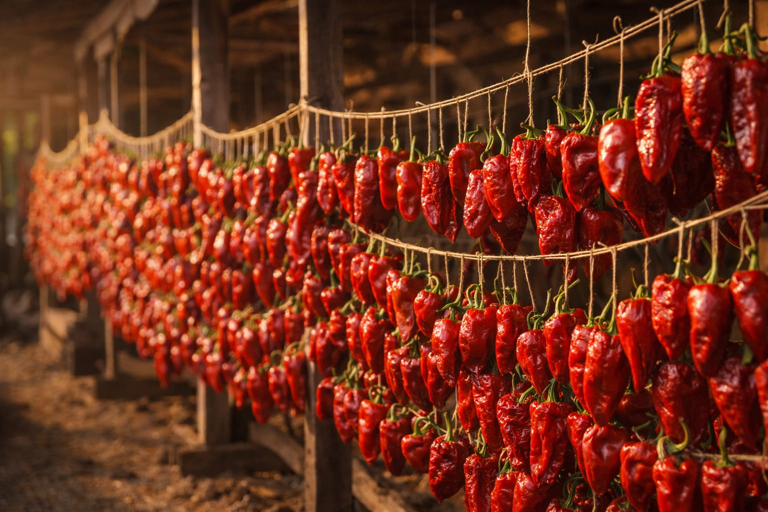 Reife rote Paprikaschoten auf einem sonnigen Paprikafeld während der Ernte
