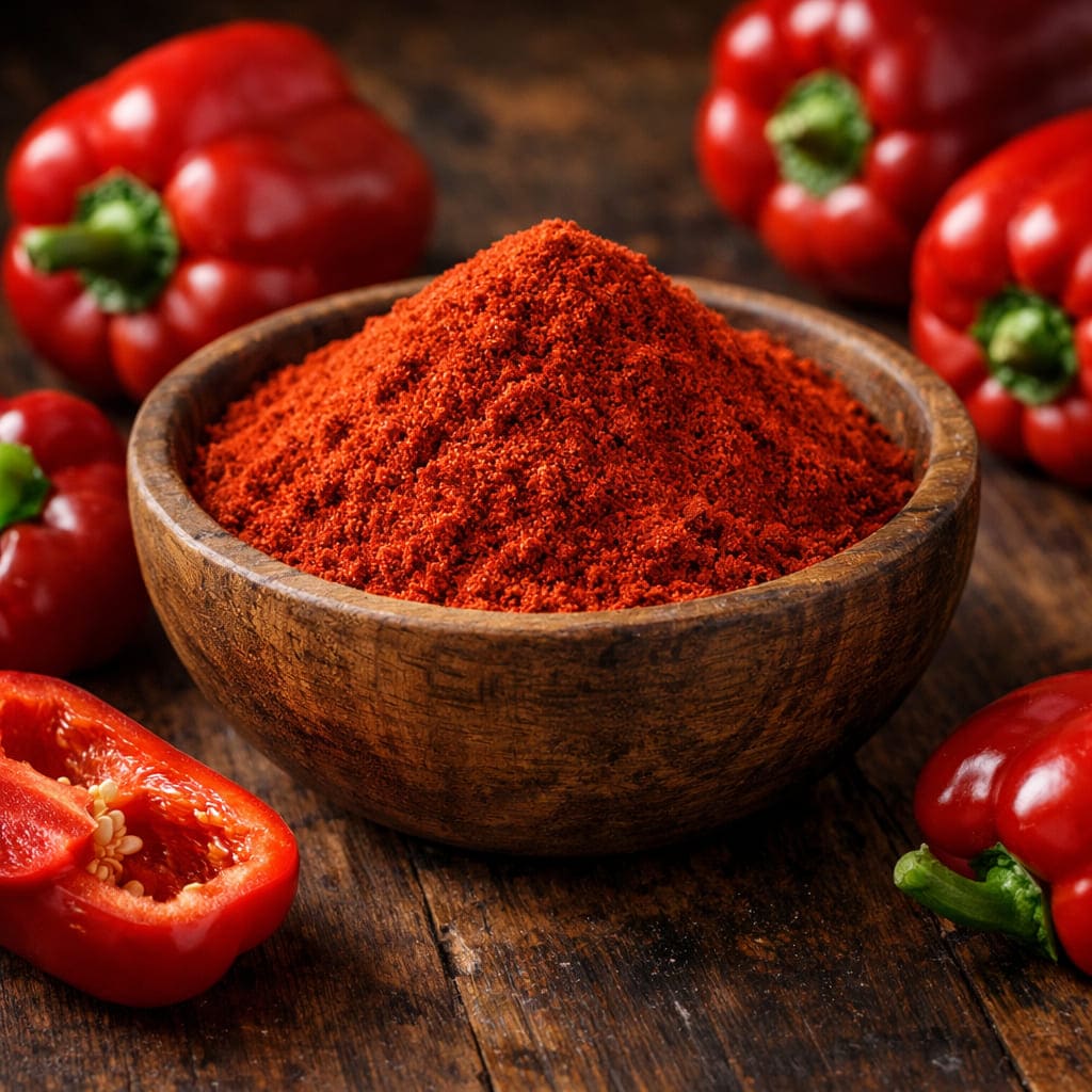 Gemahlenes Paprikapulver in Holzschale mit frischen Paprikaschoten