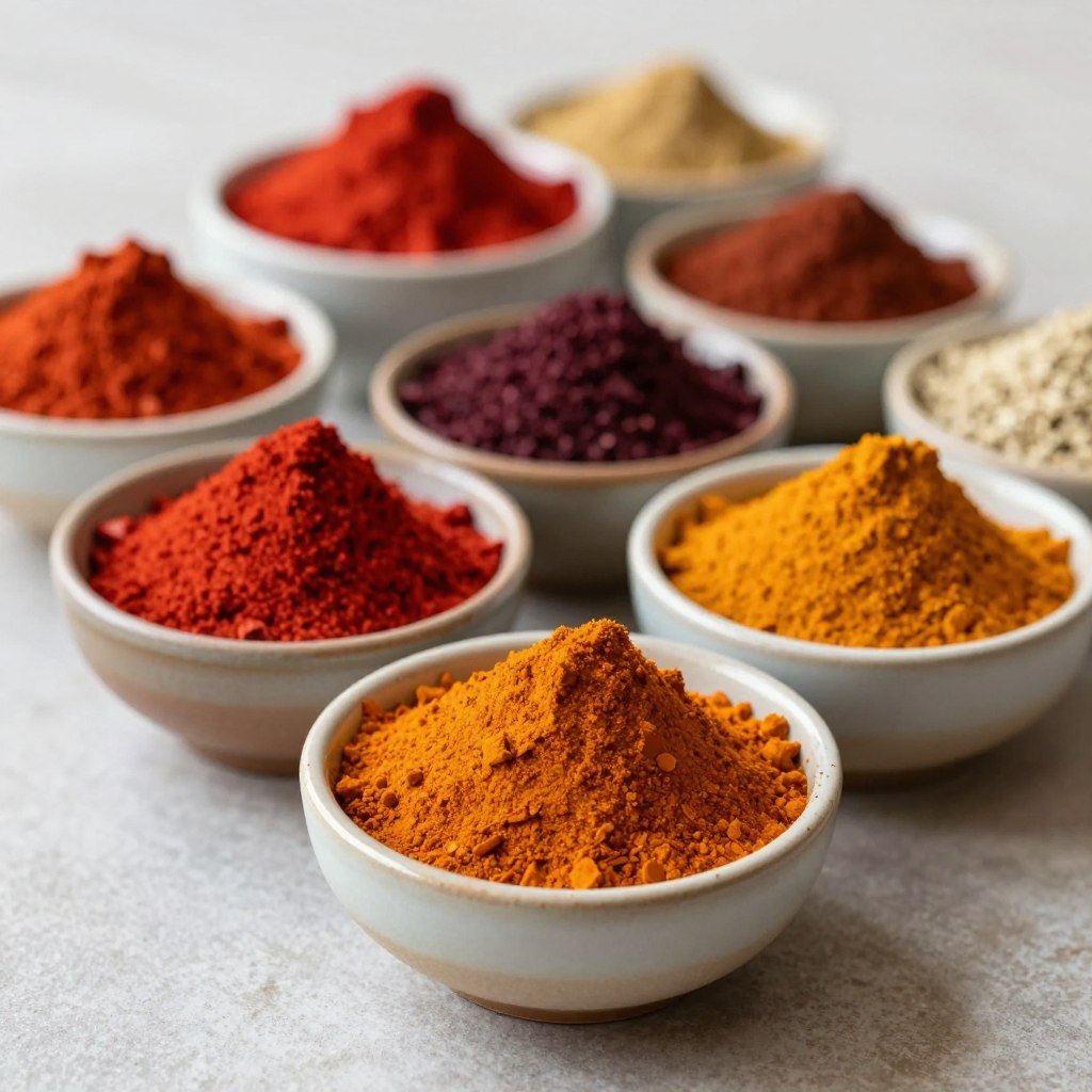 Verschiedene Paprikapulver Sorten in kleinen Schälchen nebeneinander angeordnet