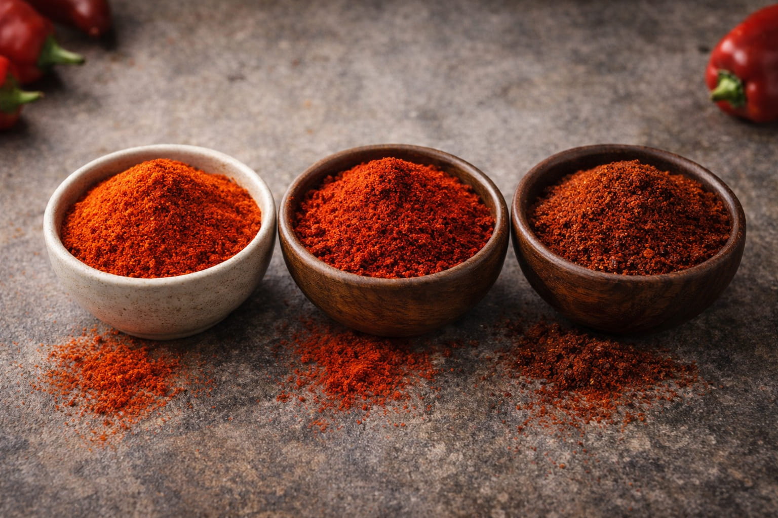 Verschiedene Sorten von Paprikapulver von mild bis scharf in kleinen Schalen