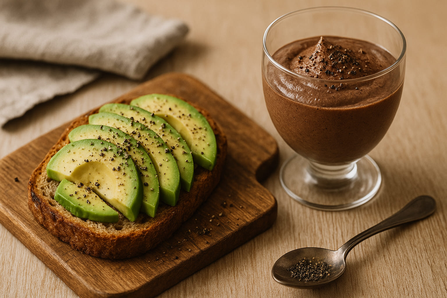 Grob gemahlener schwarzer Pfeffer auf Avocado-Toast und Schokoladendessert