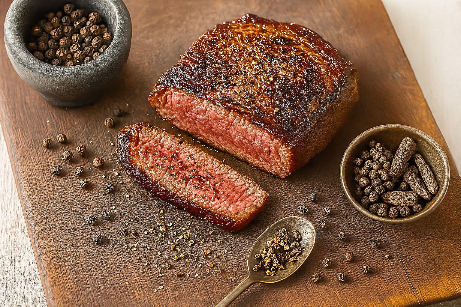 pfeffer-anwendung-steak Gegrilltes Steak mit grobem schwarzen Pfeffer angerichtet auf Holzbrett