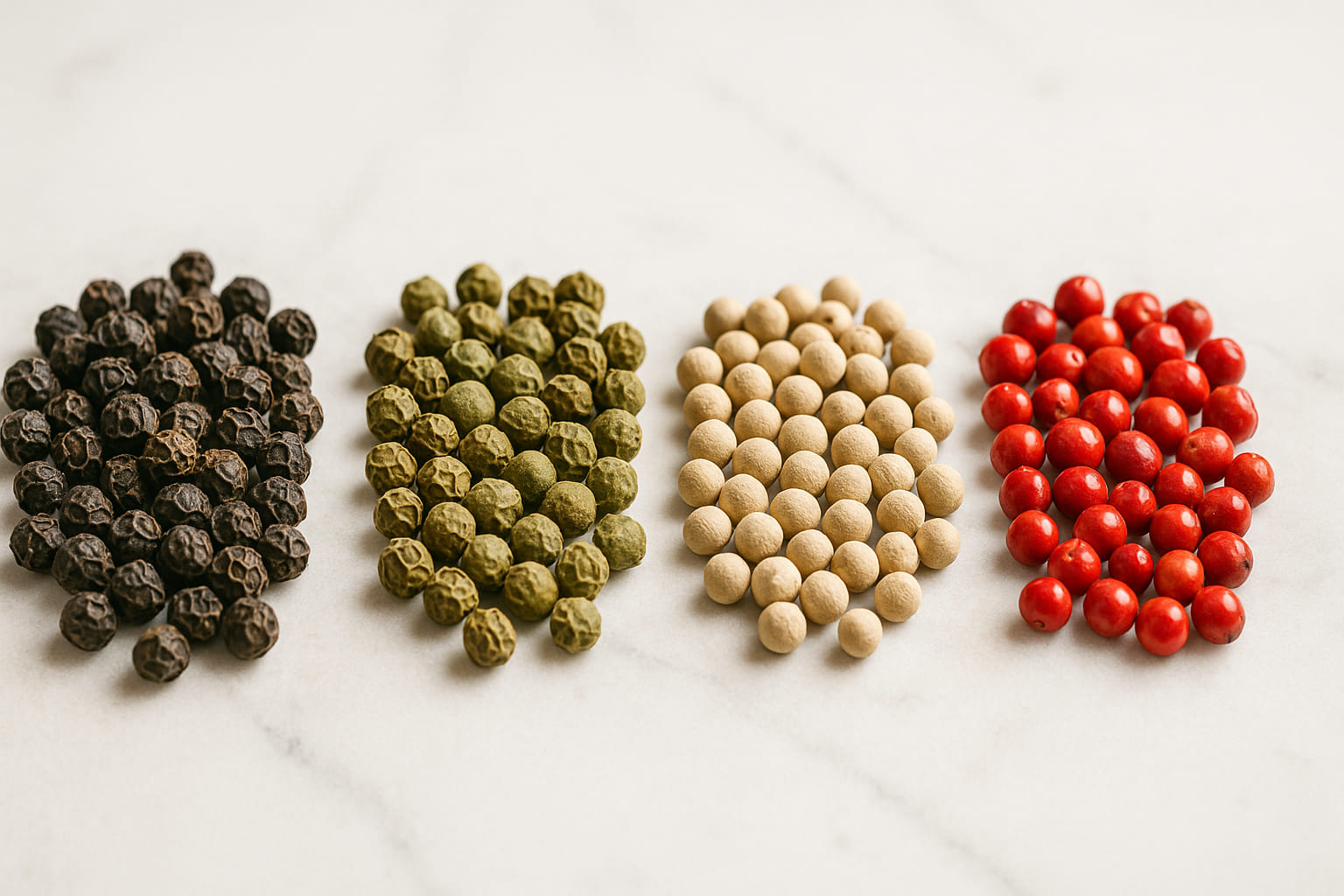 Verschiedene Pfeffersorten nebeneinander auf Marmorplatte