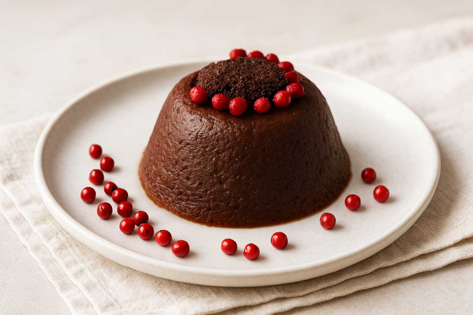 Dessert mit roten Pfefferbeeren und Schokolade