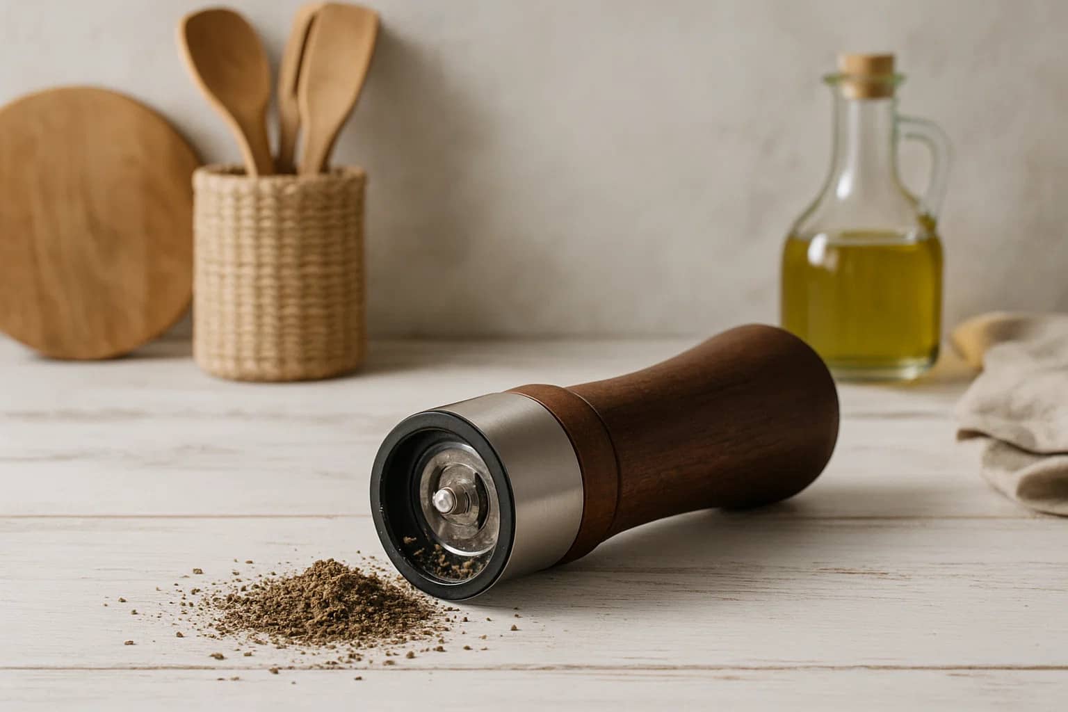 pfeffer-in-der-kueche Frisch gemahlener Pfeffer in einer Mühle auf weißem Holztisch