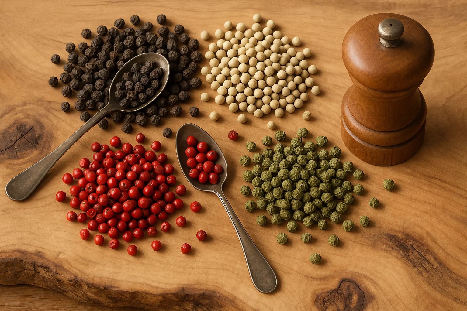 pfeffer-stilleben-naturholz Stilleben mit verschiedenen Pfeffersorten auf Naturholz