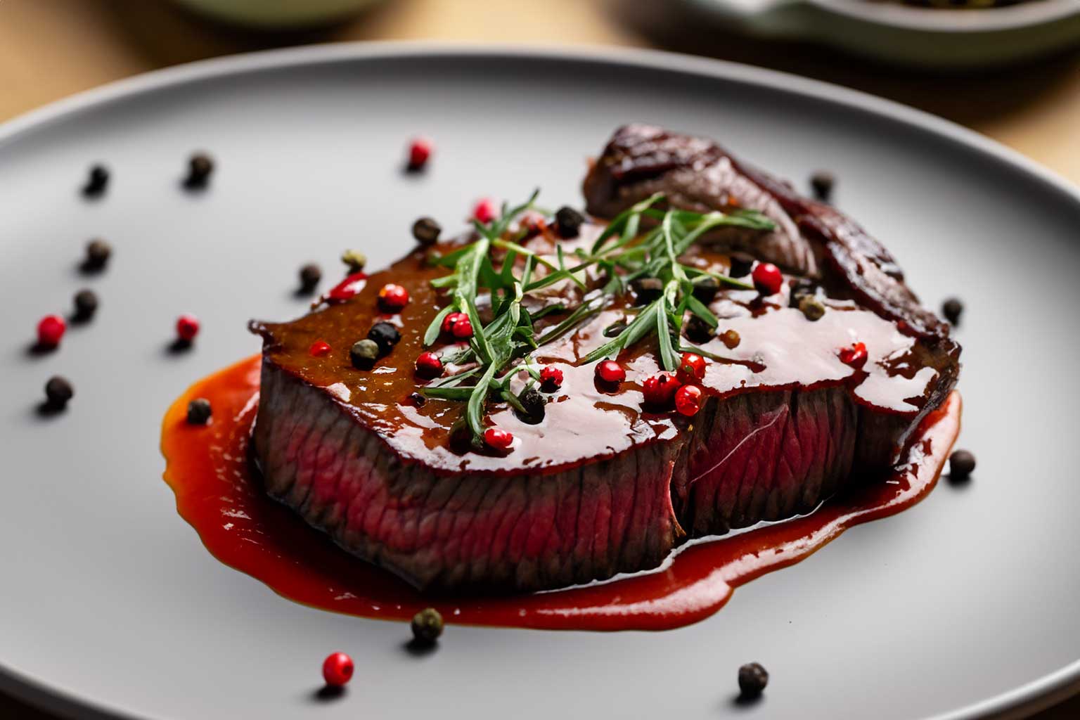 Rindersteak mit Pfeffersauce auf hellem Teller
