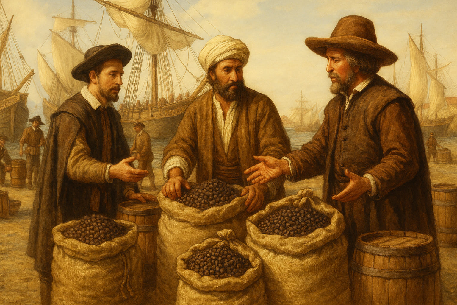Historischer Pfefferhandel mit Händlern und Schiffen