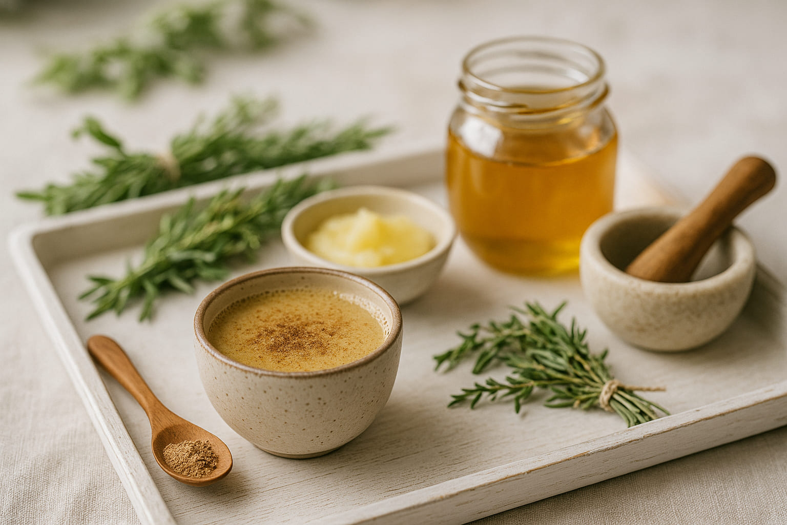 pippali-anwendung-ayurveda Zubereitung eines Pippali-Tees mit Honig und Ghee auf einem weißen Holztablett