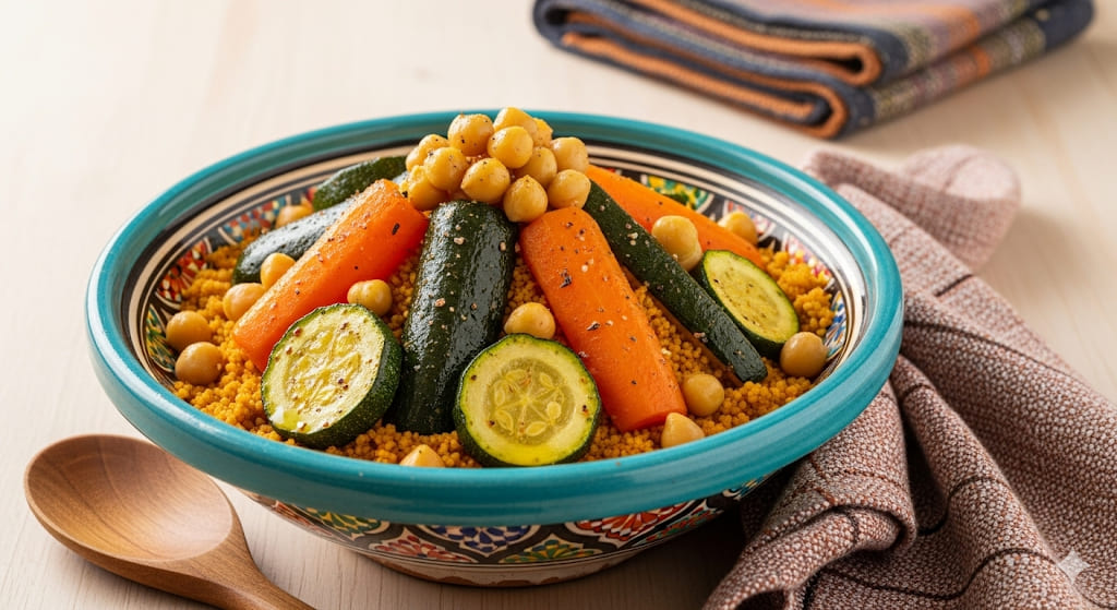 Marokkanischer Couscous mit Gemüse, verfeinert mit Ras el Hanout, serviert in einer traditionellen Keramikschale