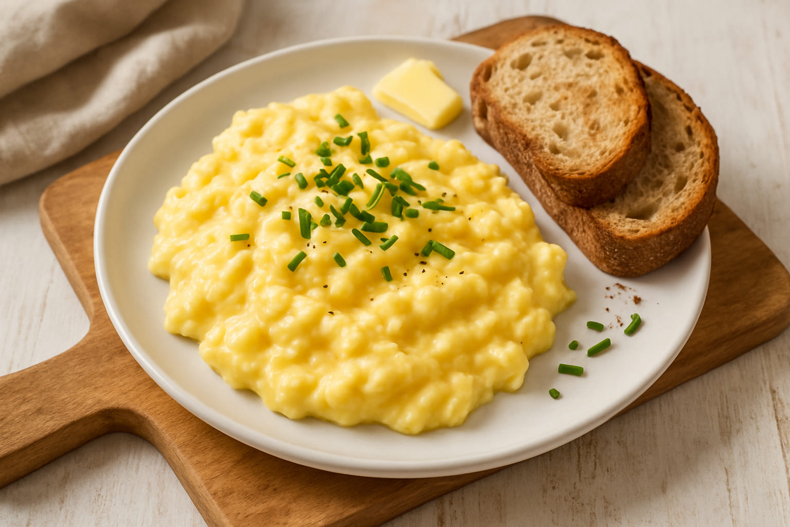 ruehrei-genussmoment Serviertes Rührei mit Butter, Schnittlauch und knusprigem Brot