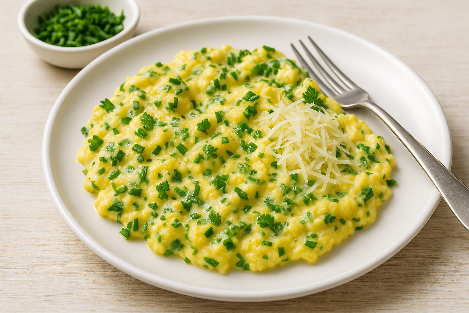 ruehrei-mit-kraeutern Rührei mit frischen Kräutern und geriebenem Käse