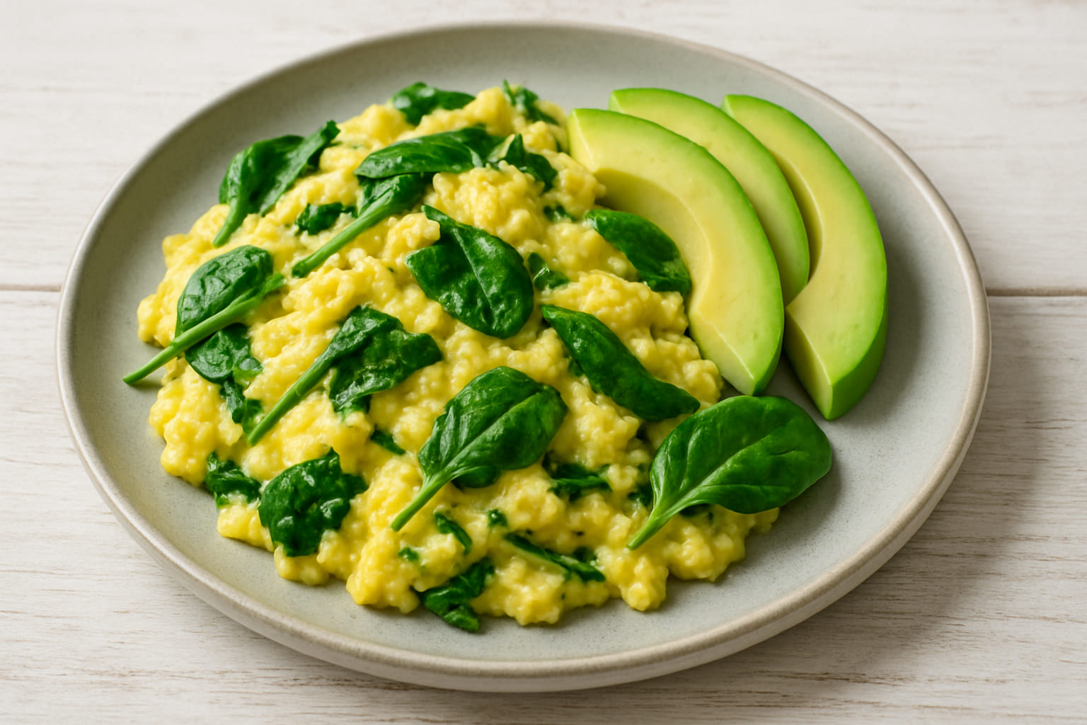 ruehrei-spinat-avocado Rührei mit frischem Spinat und Avocado-Scheiben
