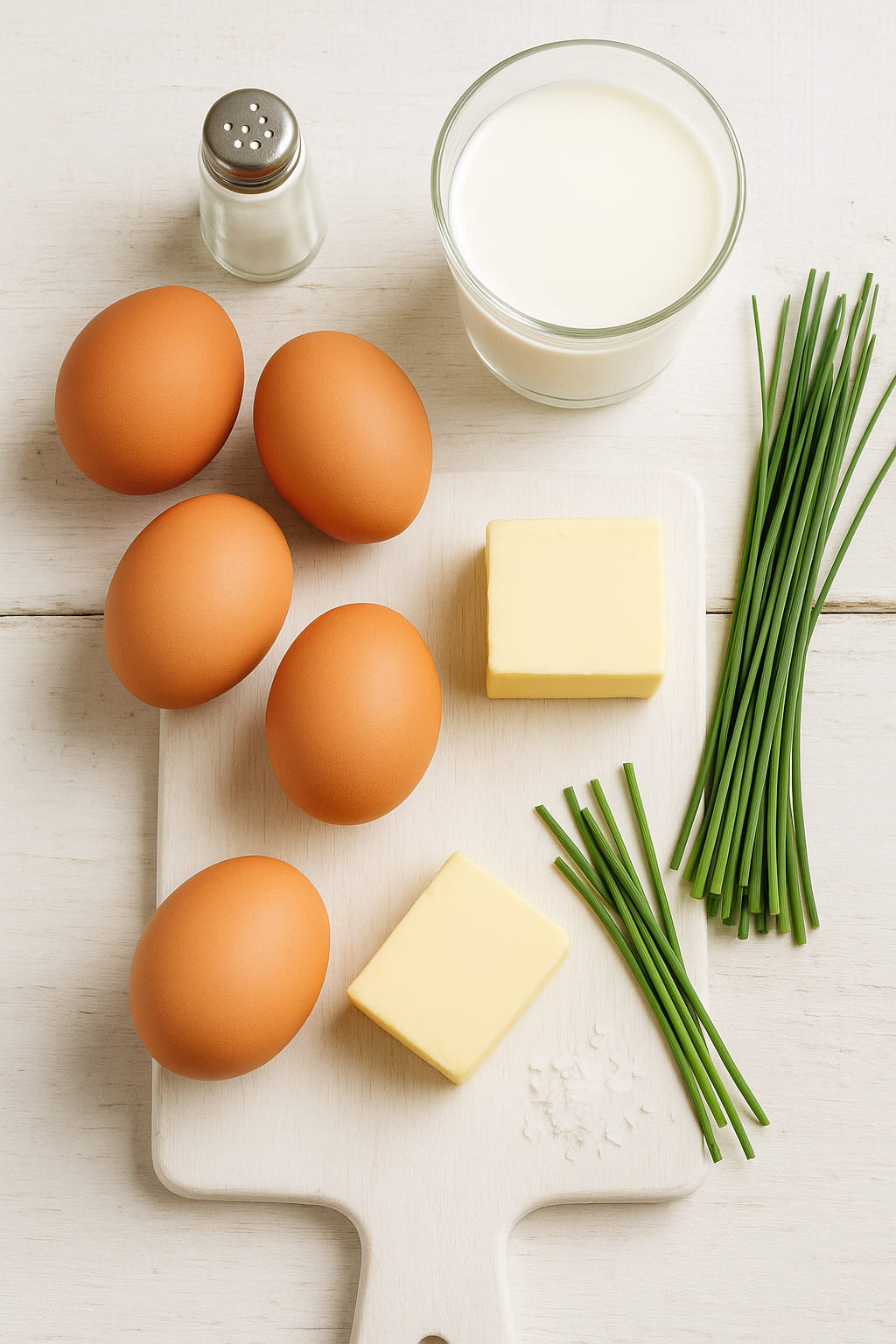 ruehrei-zutaten Zutaten für klassisches Rührei: Eier, Milch, Butter, Salz