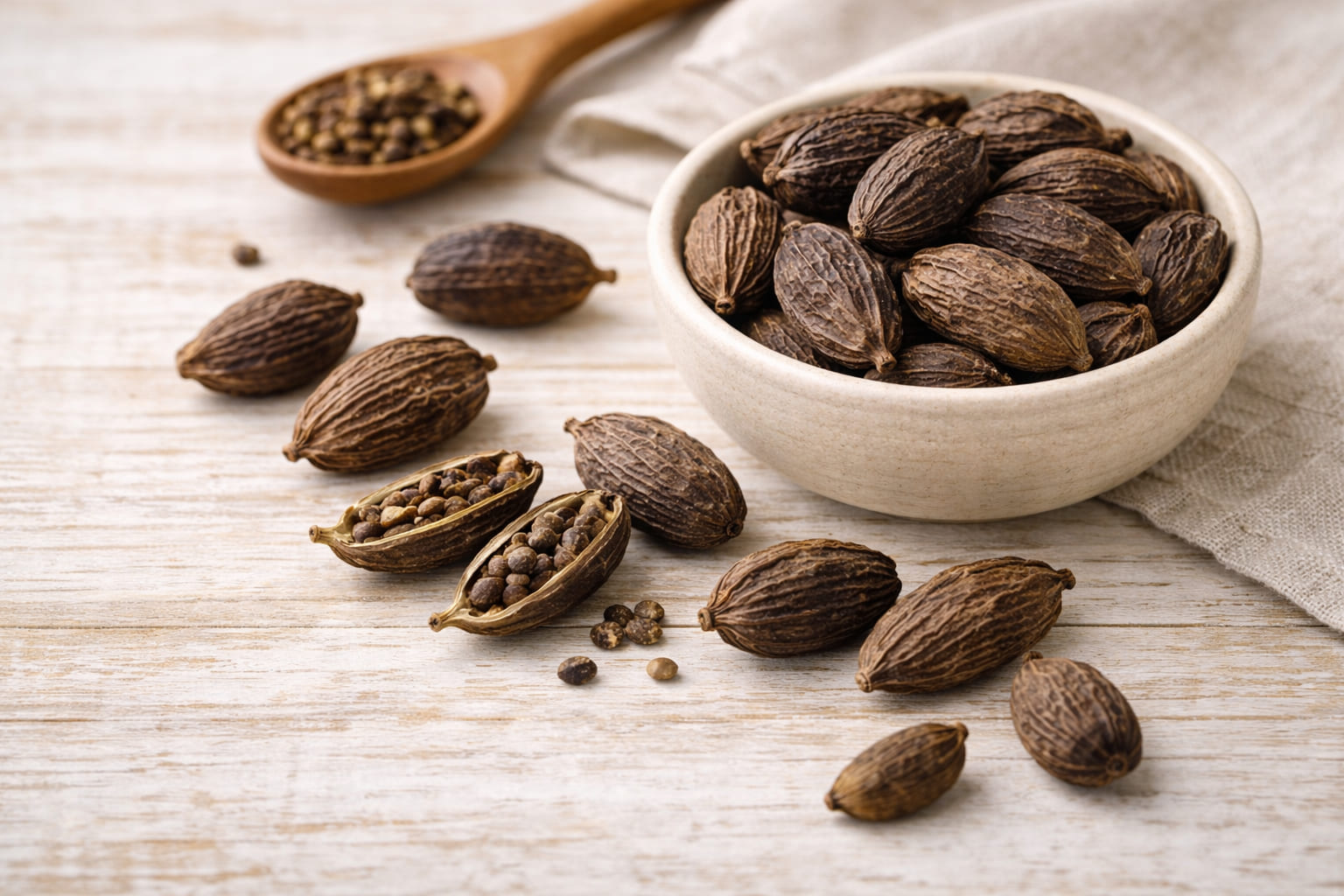 Schwarzer Kardamom mit dunklen Kapseln