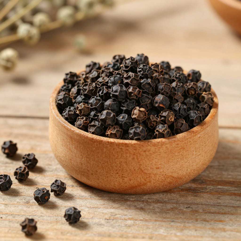 Schwarze Pfefferkörner für die Ayurveda Gewürze Grundausstattung