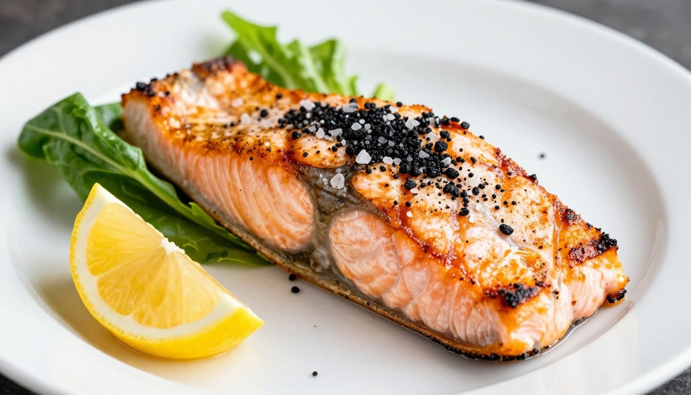Gegrilltes Lachsfilet auf einem Teller, mit Schwarzem Hawaii Salz bestreut und mit Zitronenscheiben dekoriert